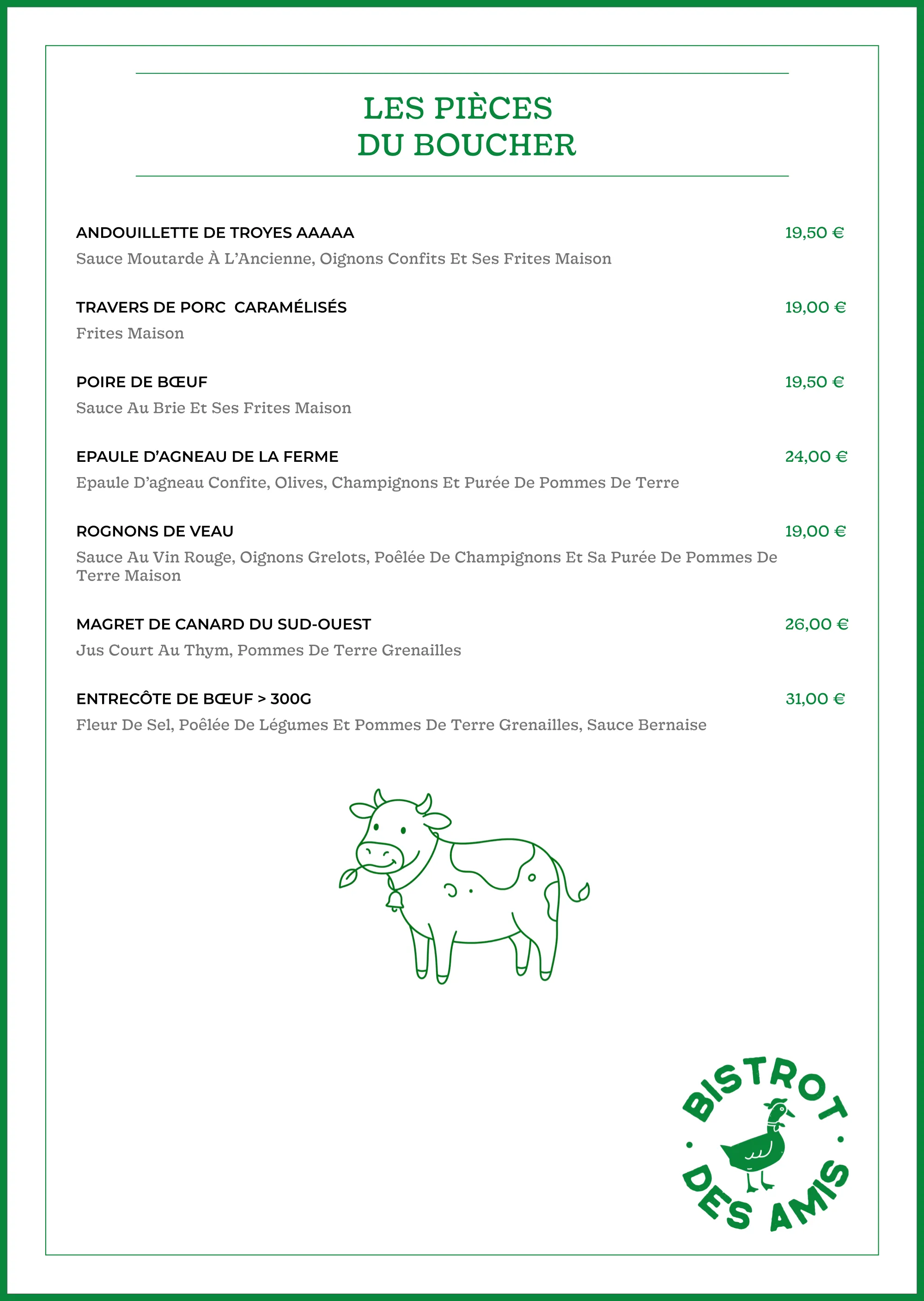 Page 2 de la carte imprimée du Bistrot des Amis — les pièces du boucher. Version texte sur la page La carte.