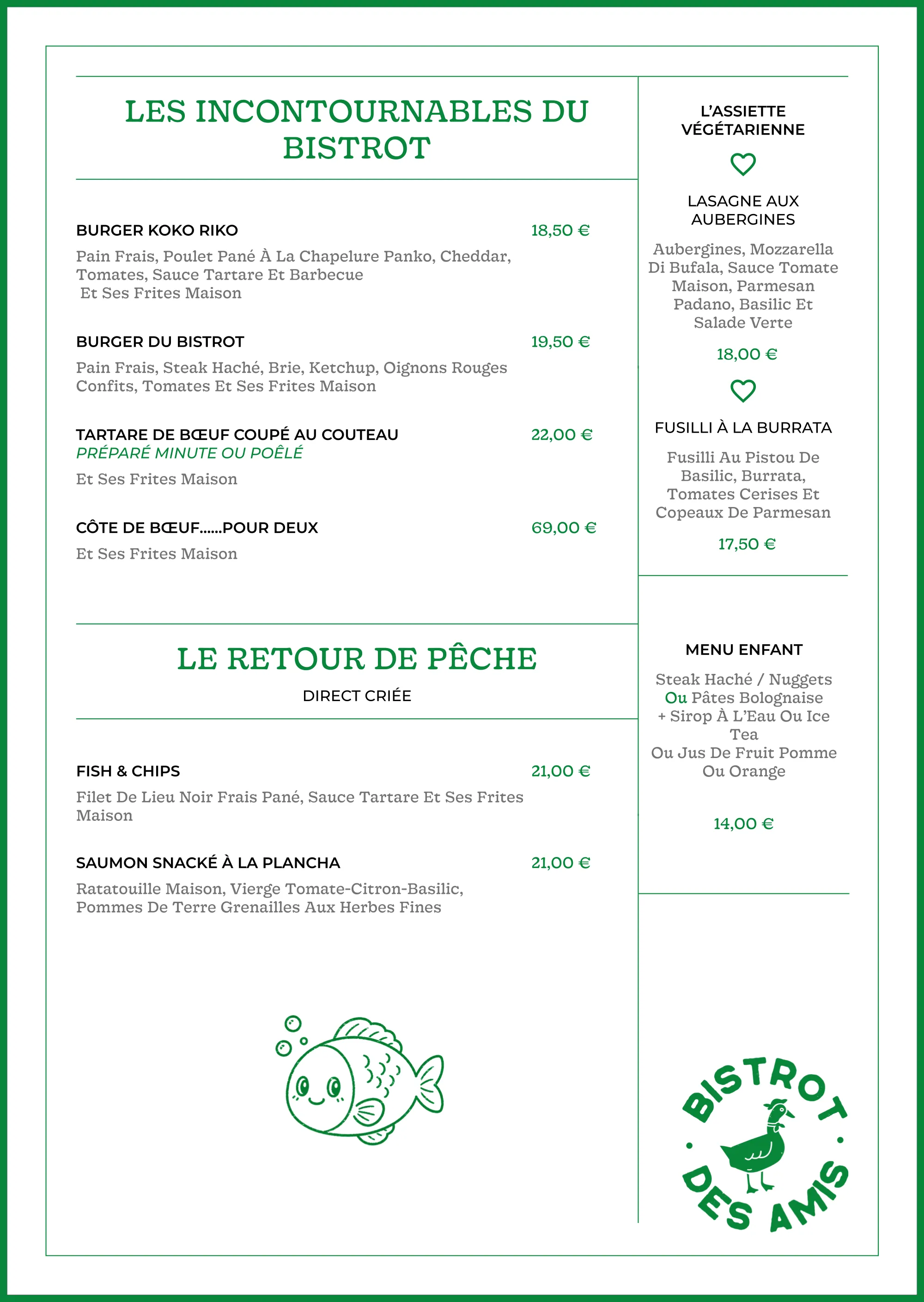Page 3 de la carte imprimée du Bistrot des Amis — les incontournables, le retour de pêche, l’assiette végétarienne et le menu enfant. Version texte sur la page La carte.